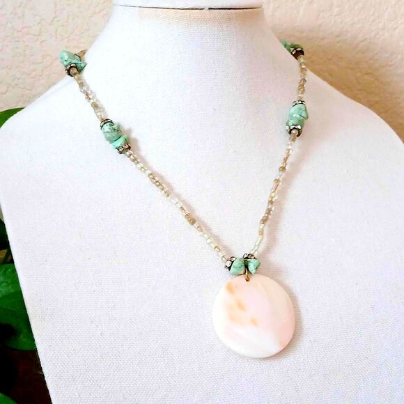 21" Howlite & Seed Bead Necklace, Seashell Pendant, Boho Statement - Picture 1 of 6